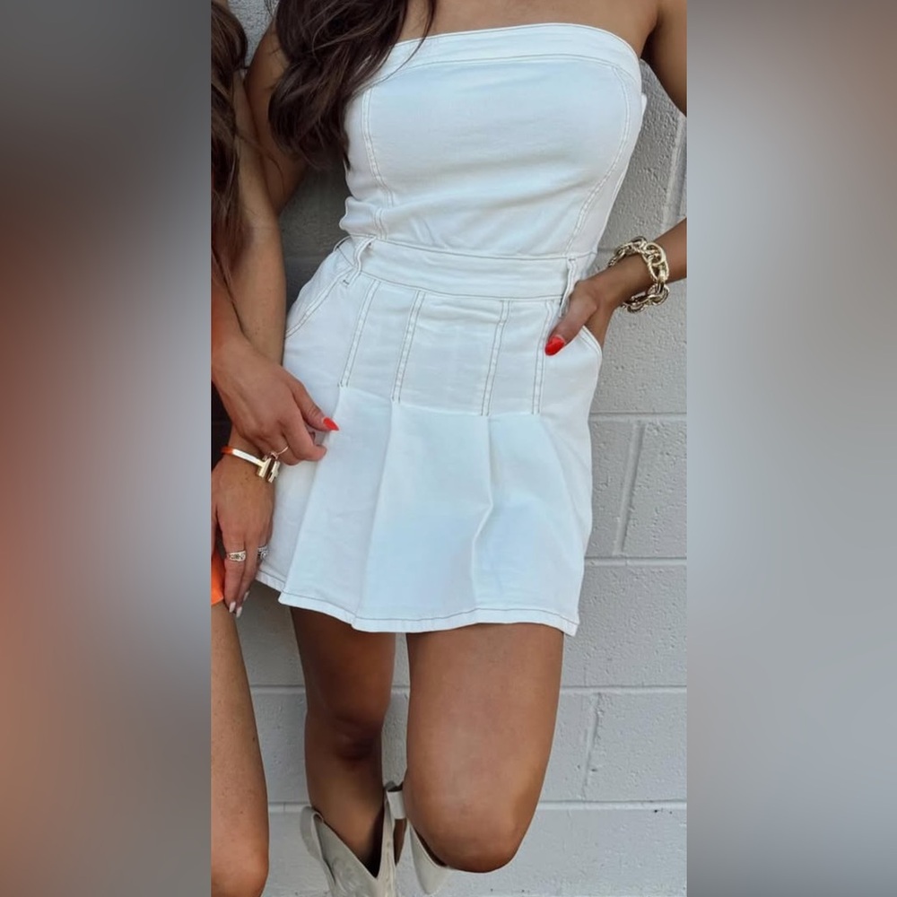 These Three Boutique mini white denim strapless dress